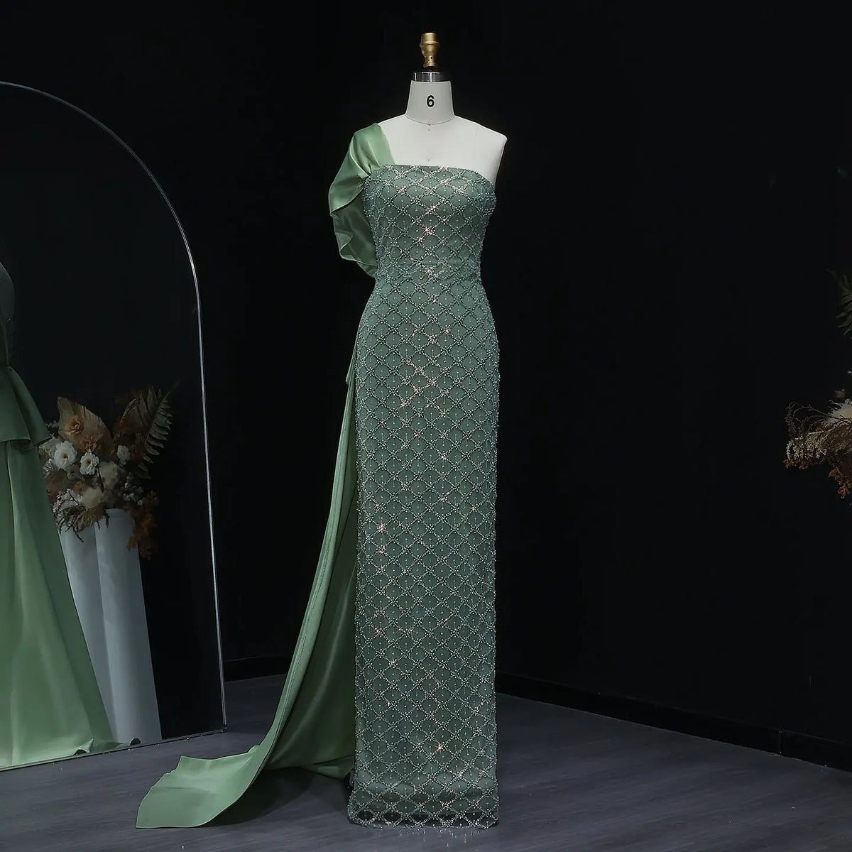Elegant Green Beaded One Shoulder Evening Dress with Overskirt SS626 