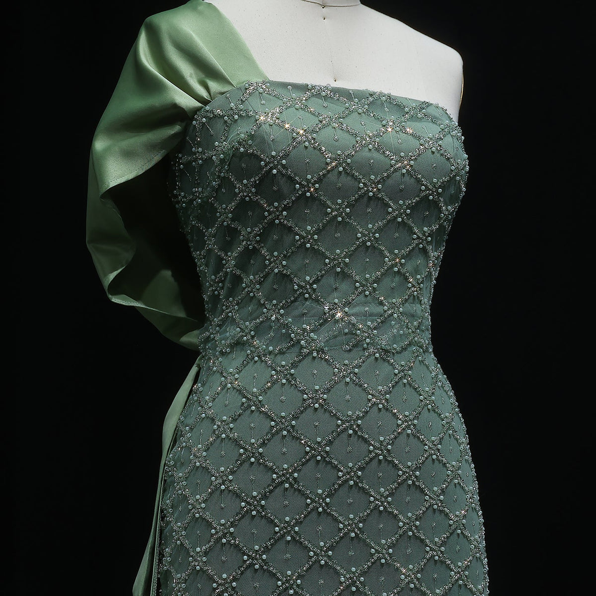 Elegant Green Beaded One Shoulder Evening Dress with Overskirt SS626