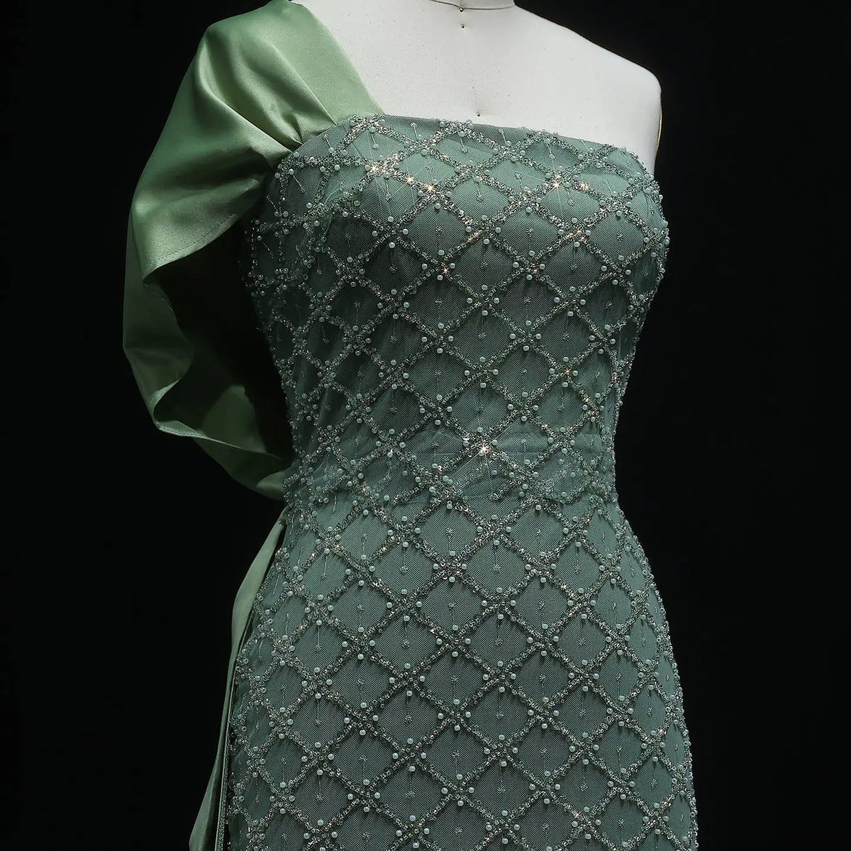 Elegant Green Beaded One Shoulder Evening Dress with Overskirt SS626 