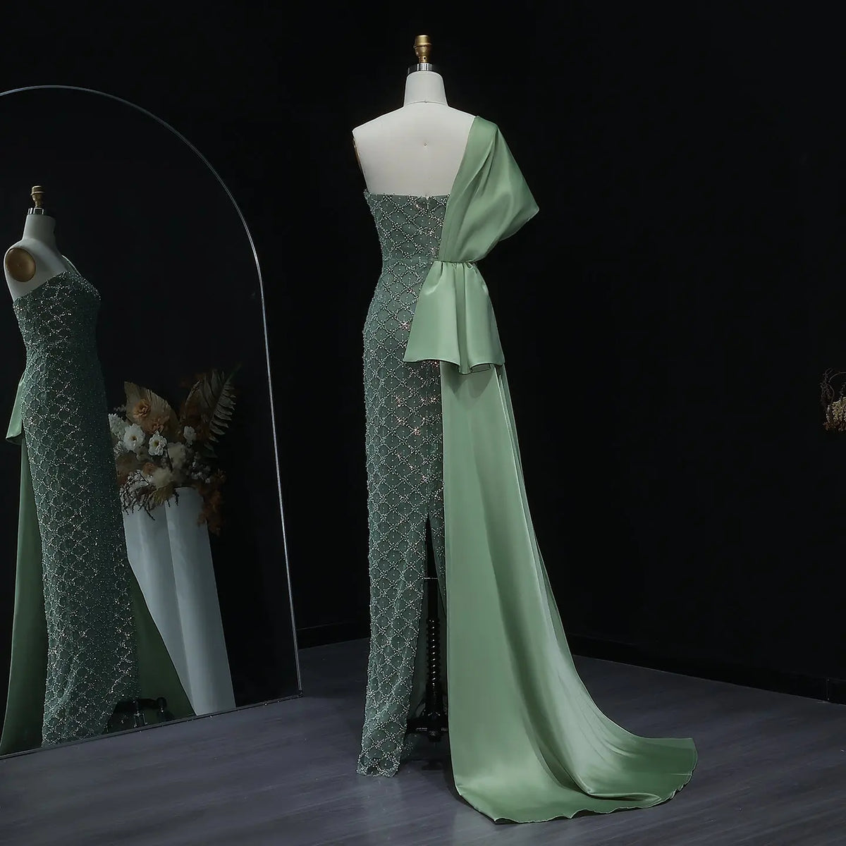 Elegant Green Beaded One Shoulder Evening Dress with Overskirt SS626 