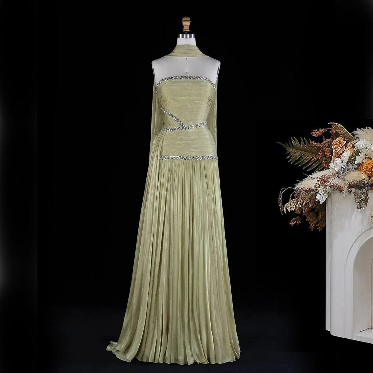 Green Pleated Cape Formal Evening Dress SF189