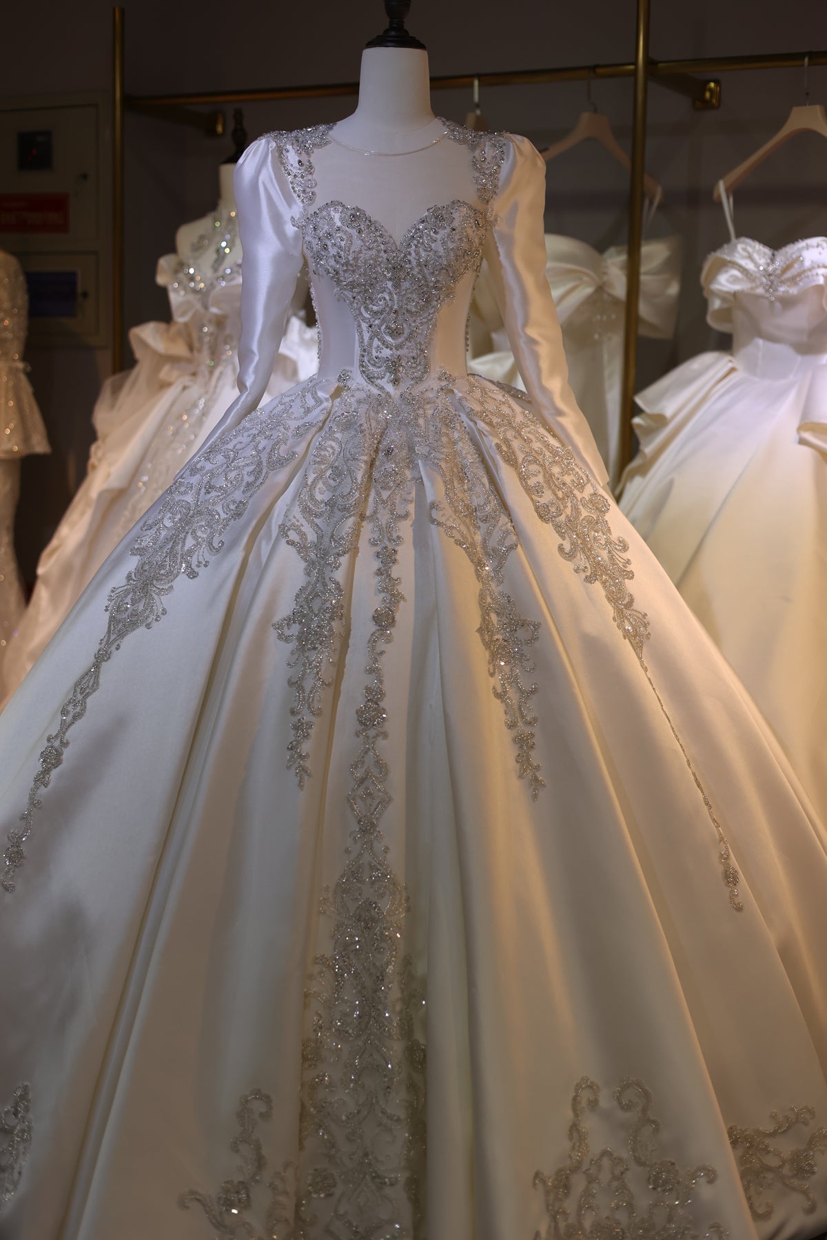 Sharon Said Luxury Off-White Satin Ball Gown Wedding Dress for Women - Elegant Long Sleeve Lace Bride Gown RS032