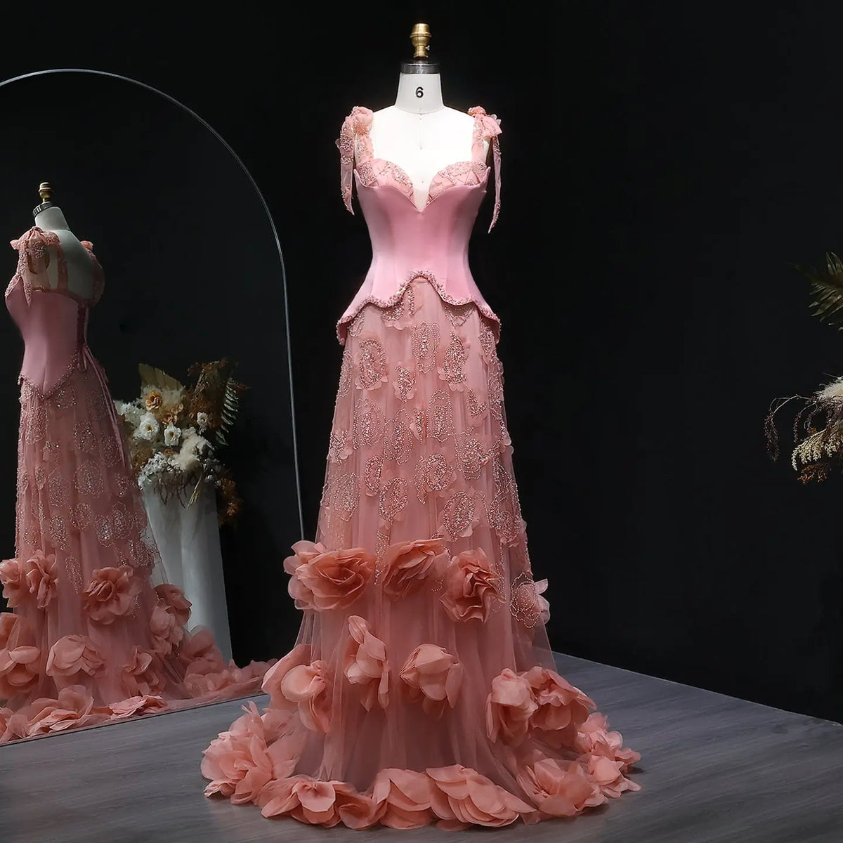 Luxury Pink Crystal 3D Floral Mermaid Train Evening Dress SS607 