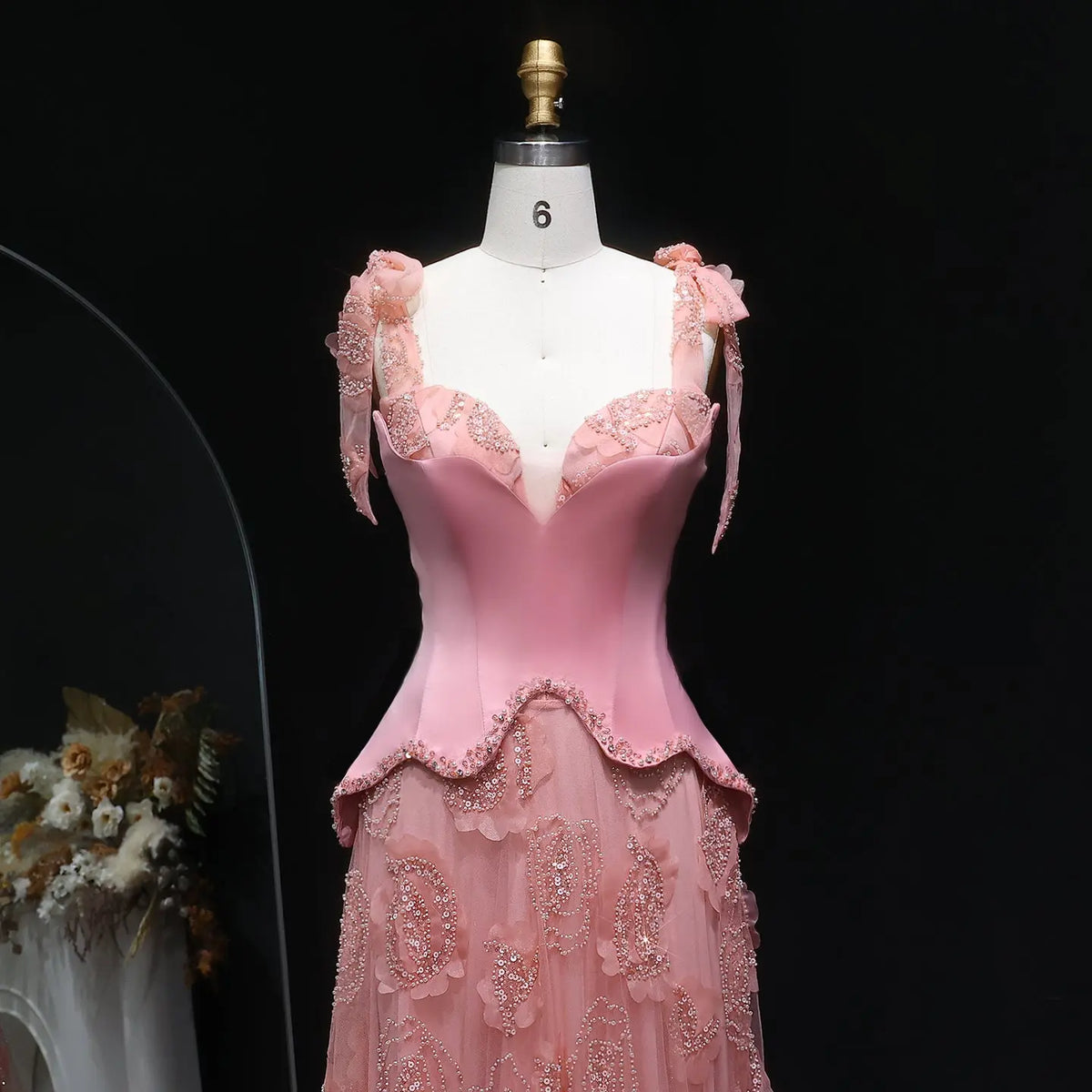 Luxury Pink Crystal 3D Floral Mermaid Train Evening Dress SS607 
