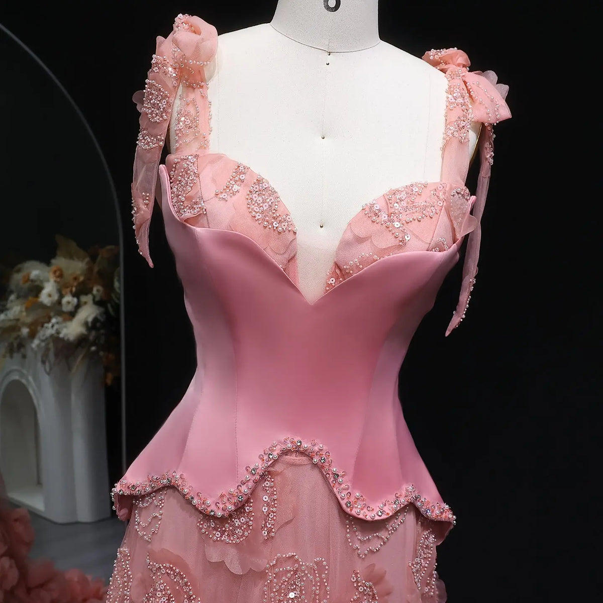 Luxury Pink Crystal 3D Floral Mermaid Train Evening Dress SS607 