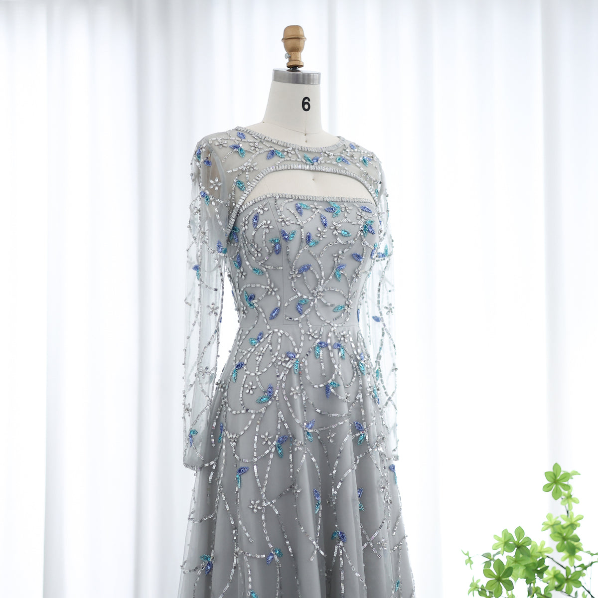 Elegant Beaded Sequins Green Long Sleeve Evening Dress SS593 