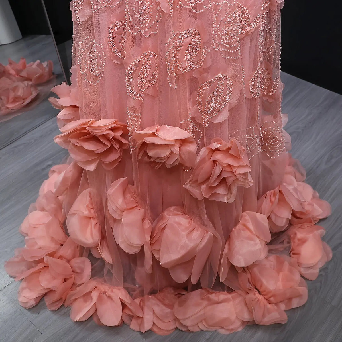 Luxury Pink Crystal 3D Floral Mermaid Train Evening Dress SS607 
