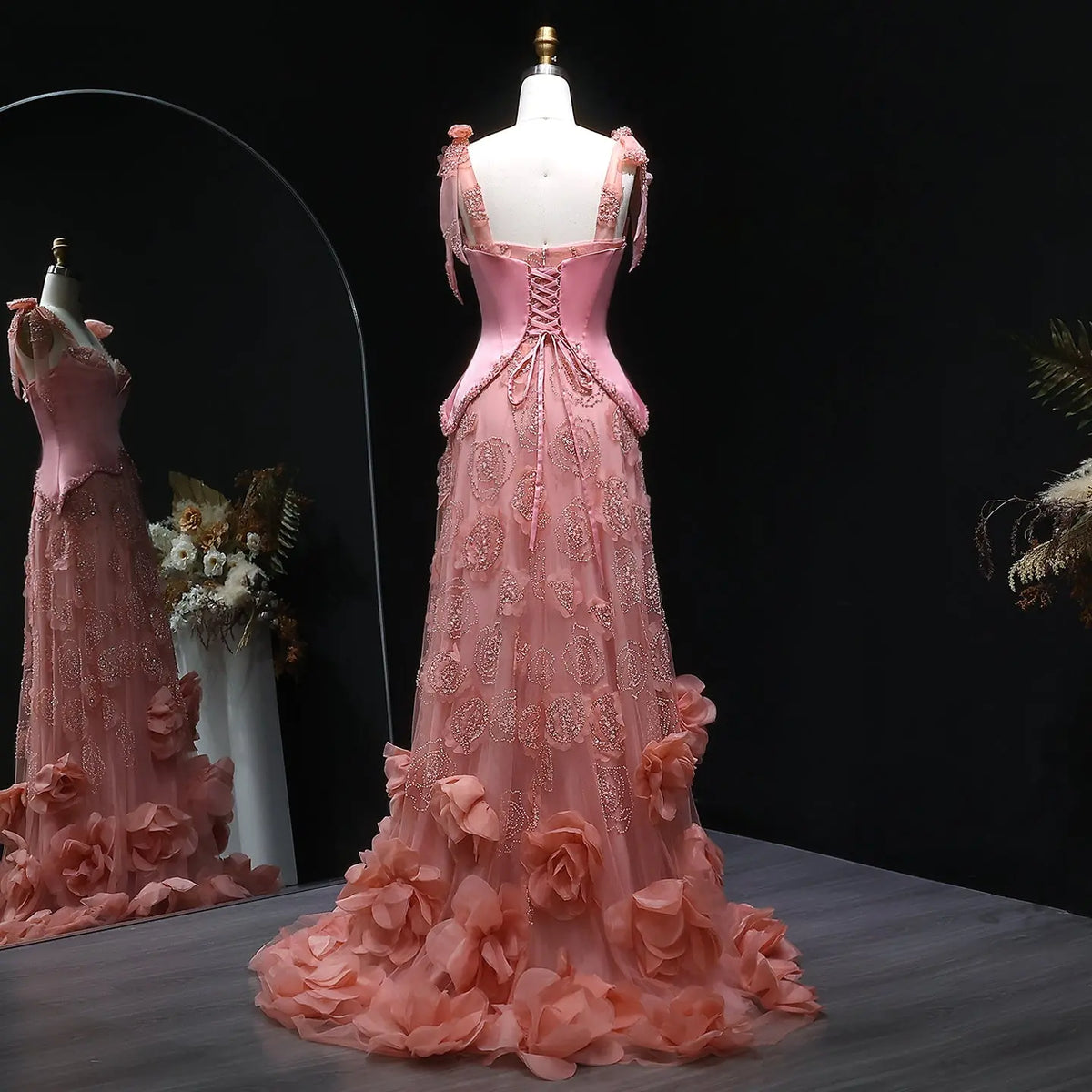 Luxury Pink Crystal 3D Floral Mermaid Train Evening Dress SS607 