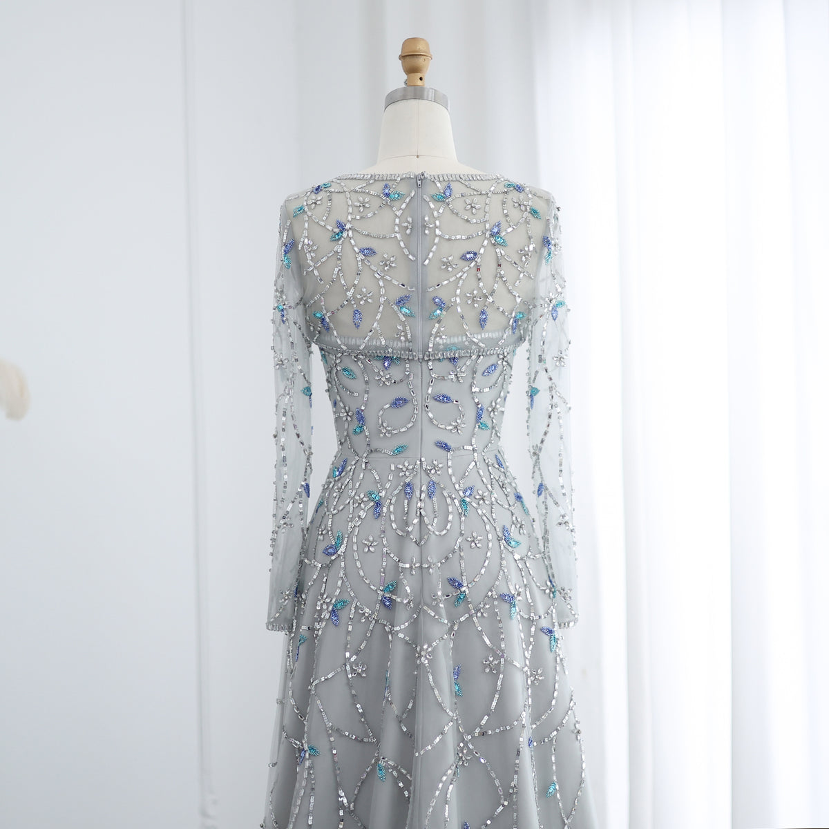 Elegant Beaded Sequins Green Long Sleeve Evening Dress SS593 