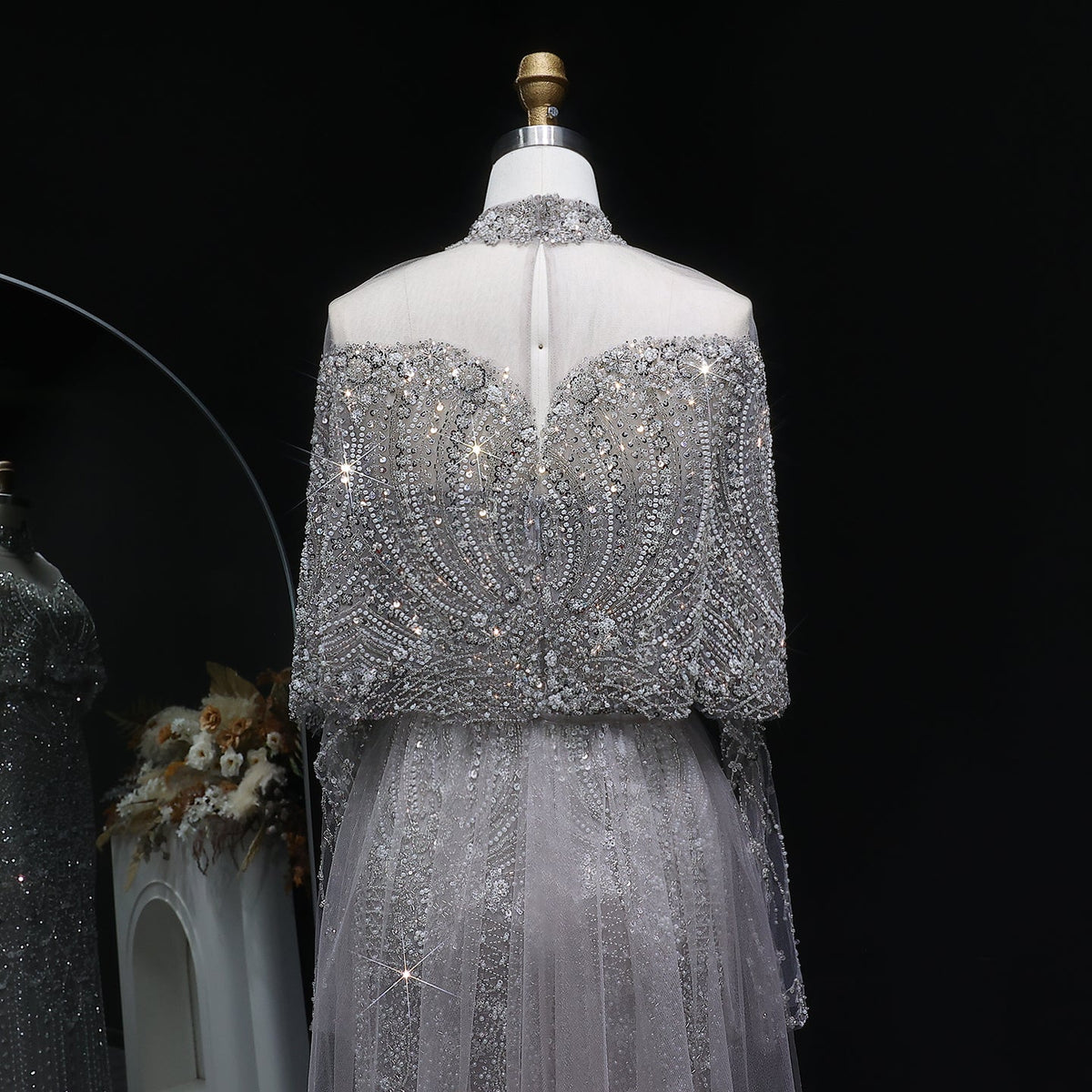 Luxury Gray Beaded Crystal Evening Dress with Cape SS557