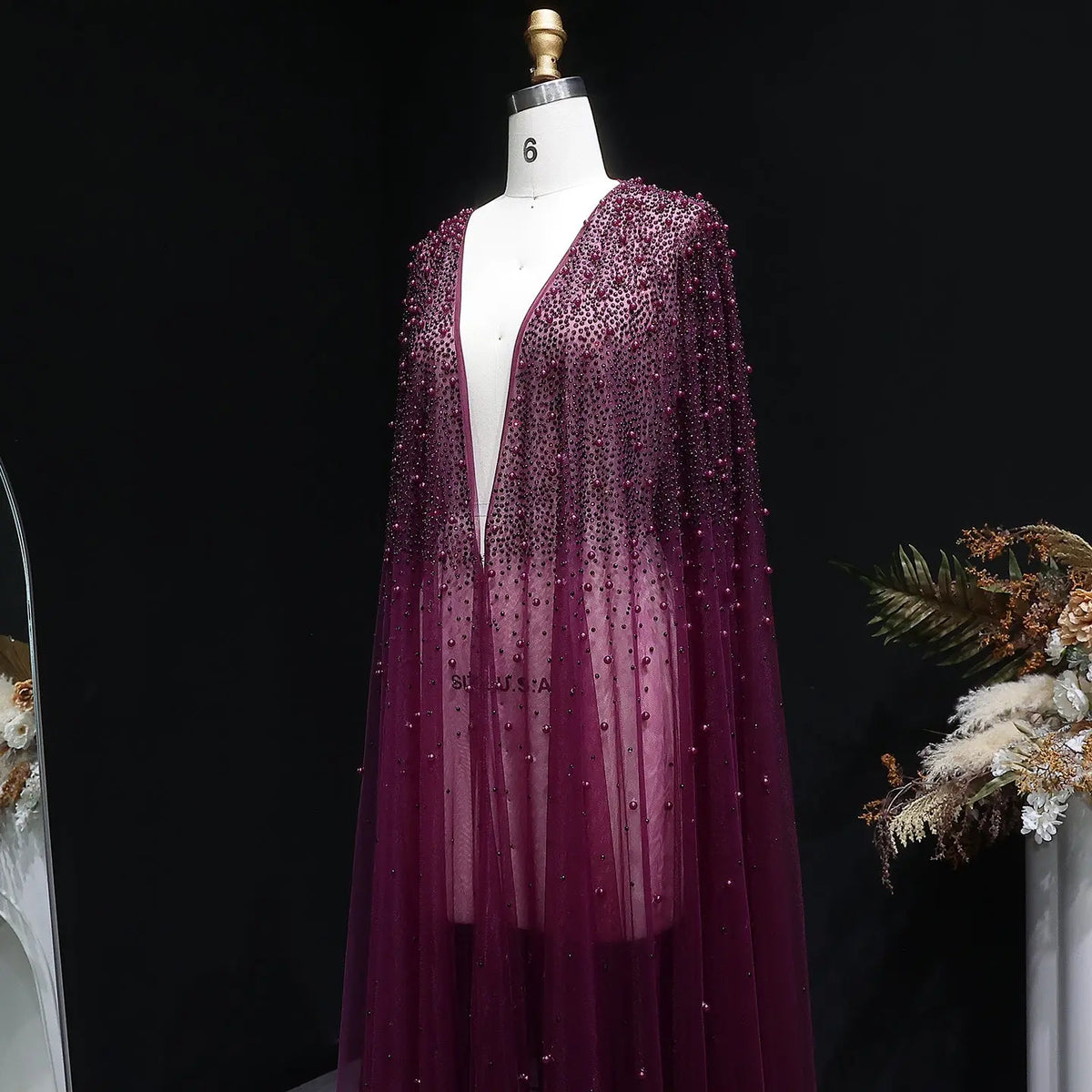 Elegant Black Beaded Long Cape Evening Dress SF082 
