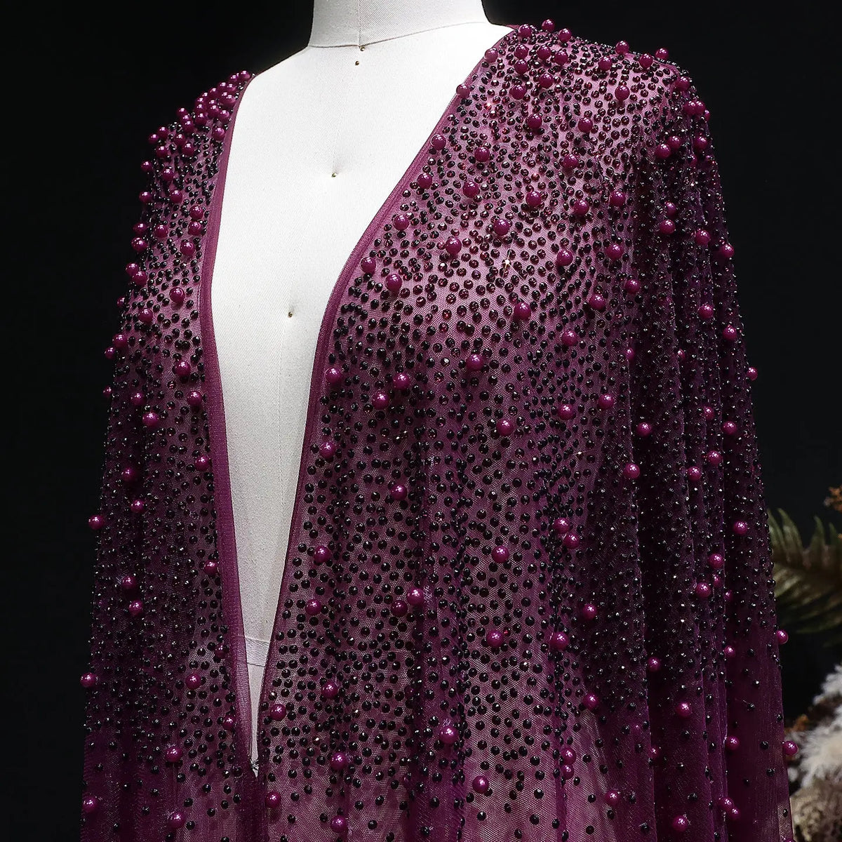 Elegant Black Beaded Long Cape Evening Dress SF082 