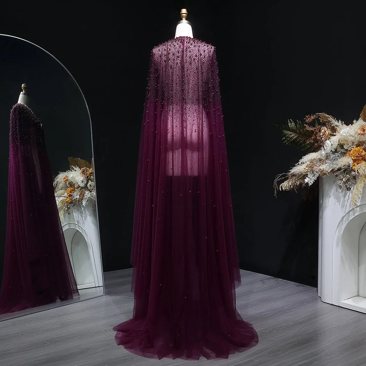 Elegant Black Beaded Long Cape Evening Dress SF082