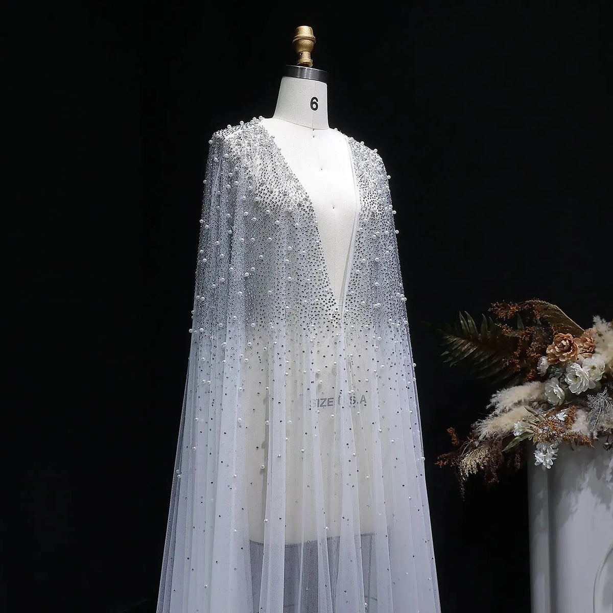 Elegant Black Beaded Long Cape Evening Dress SF082 