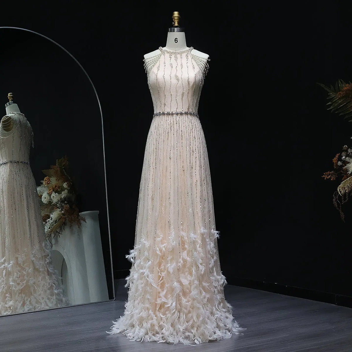 Luxury Feathers Lace Cream Evening Dress SS595 - SHARONSAID Luxury Feathers Lace Cream Evening Dress SS595 - SHARONSAID