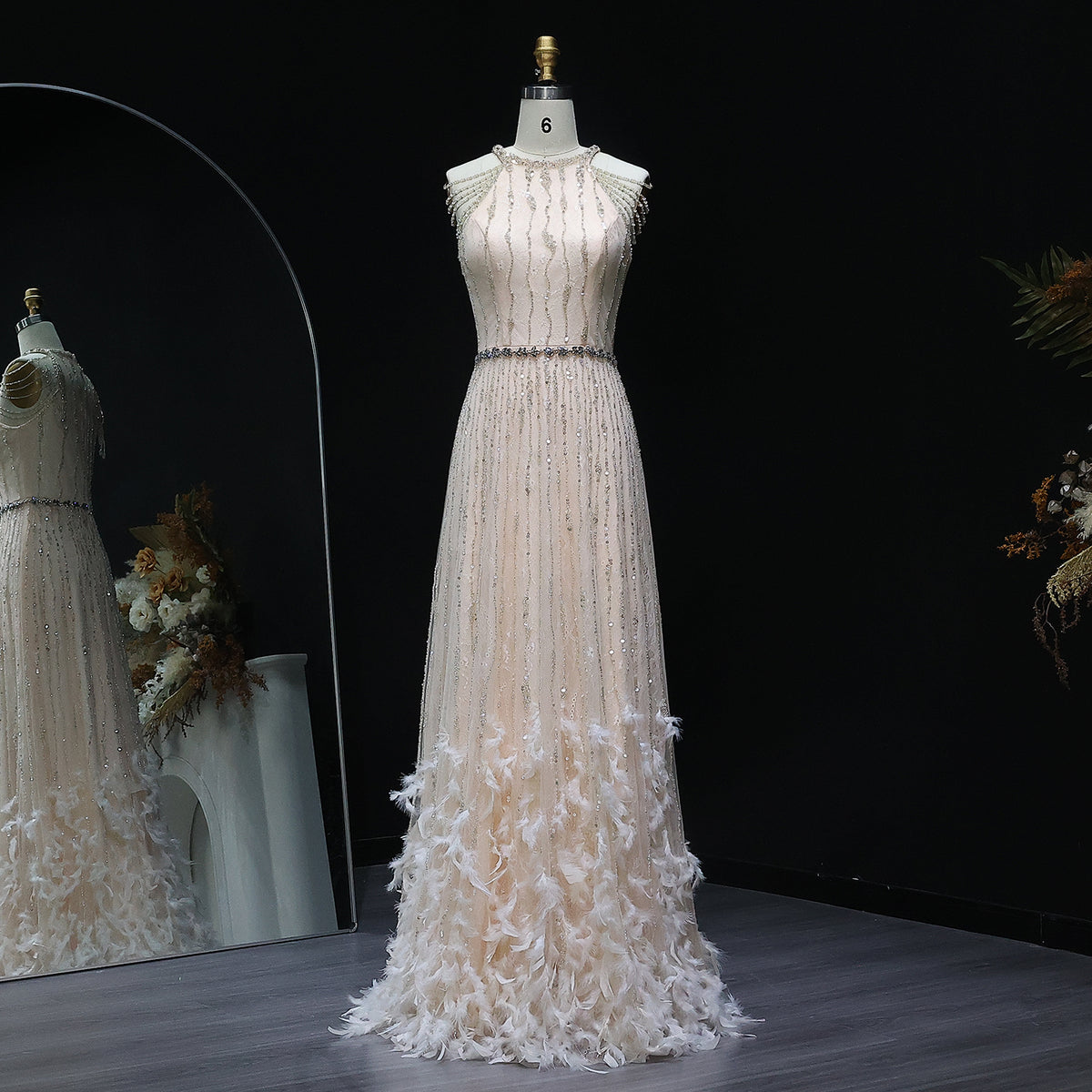 Luxury Feathers Lace Cream Evening Dress SS595 