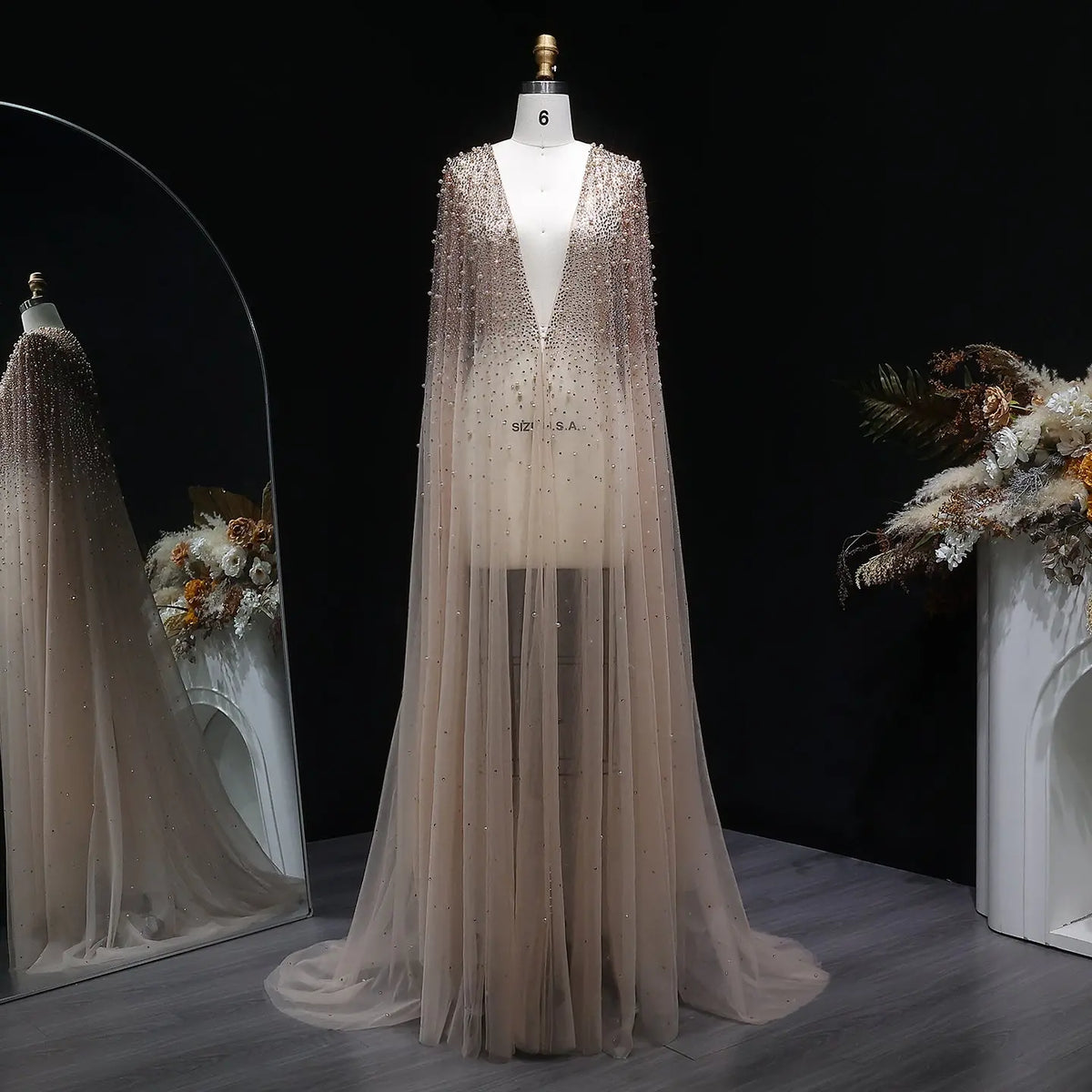 Elegant Black Beaded Long Cape Evening Dress SF082 Elegant Black Beaded Long Cape Evening Dress SF082