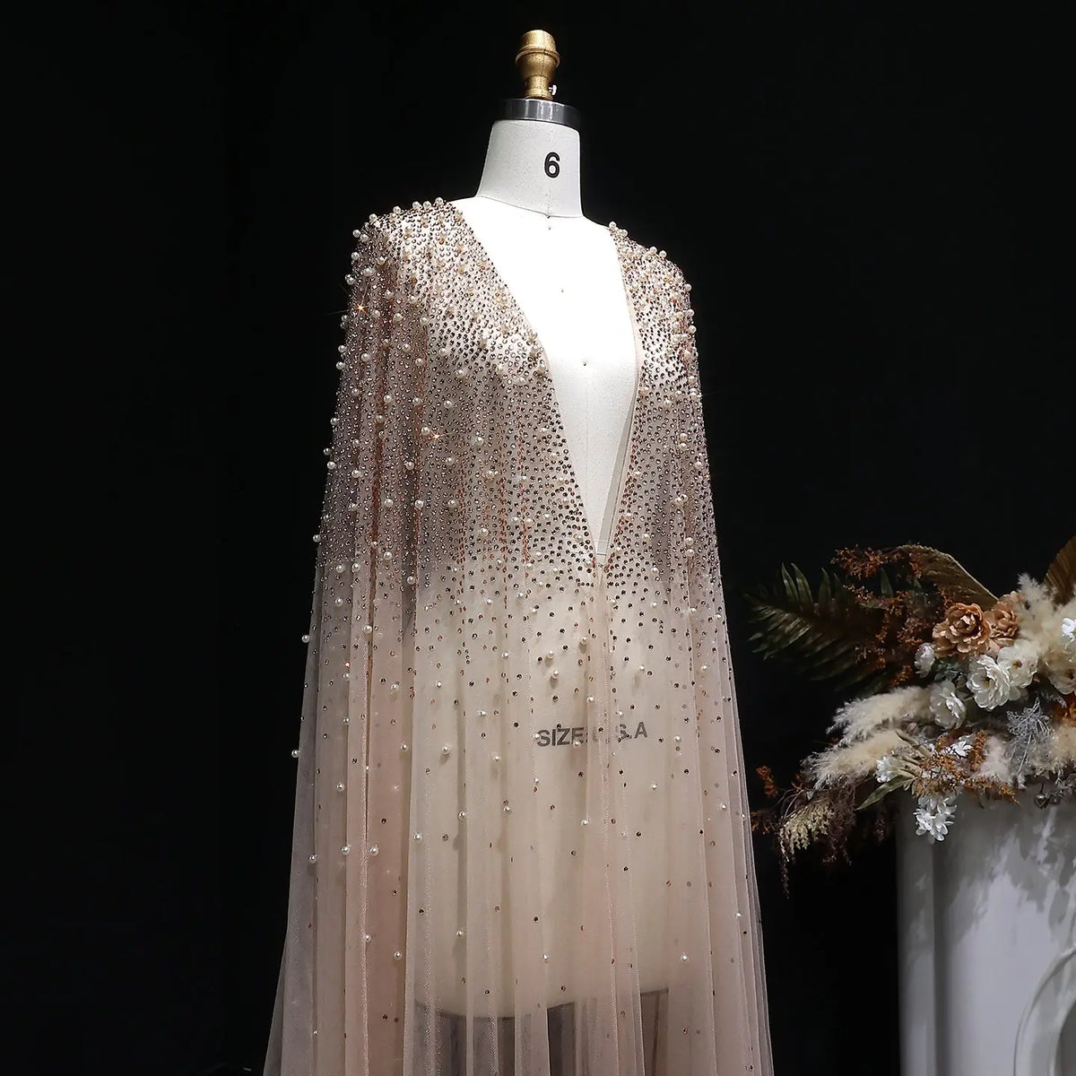 Elegant Black Beaded Long Cape Evening Dress SF082 