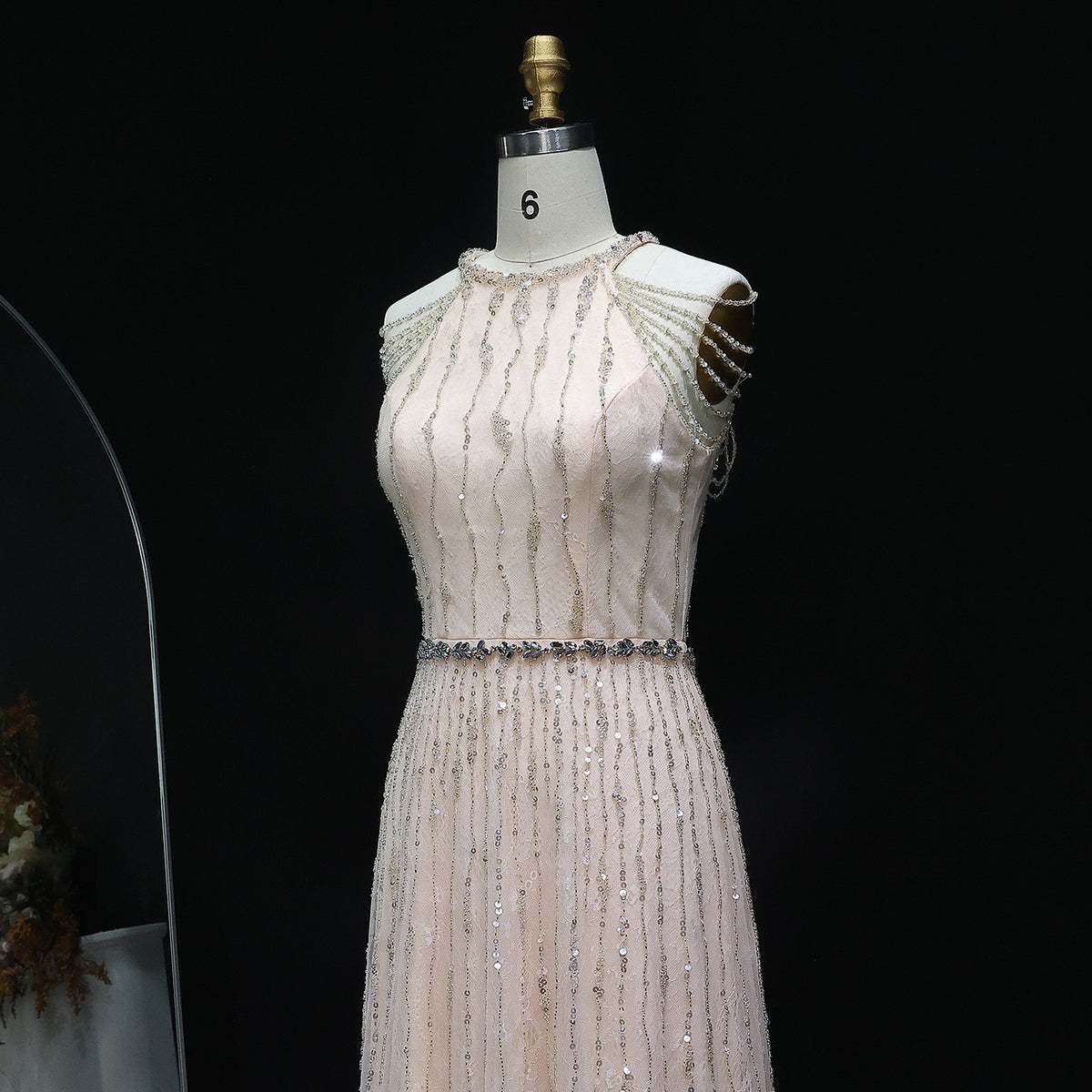 Luxury Feathers Lace Cream Evening Dress SS595 