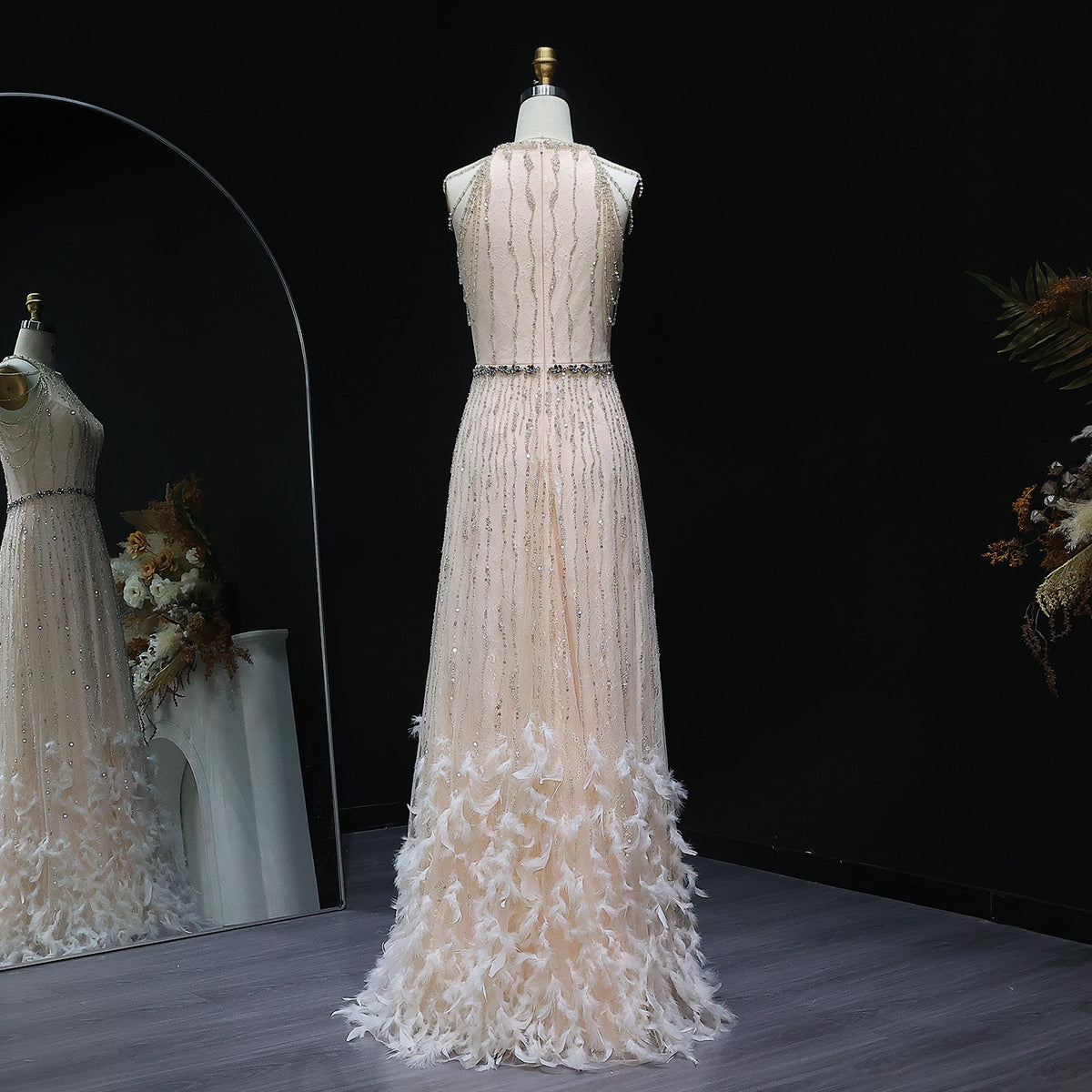 Luxury Feathers Lace Cream Evening Dress SS595 