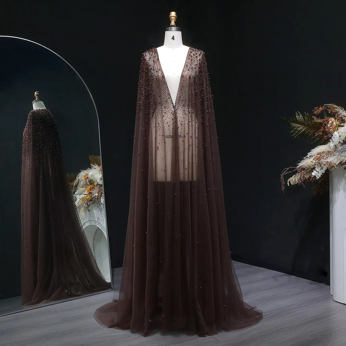 Elegant Black Beaded Long Cape Evening Dress SF082 