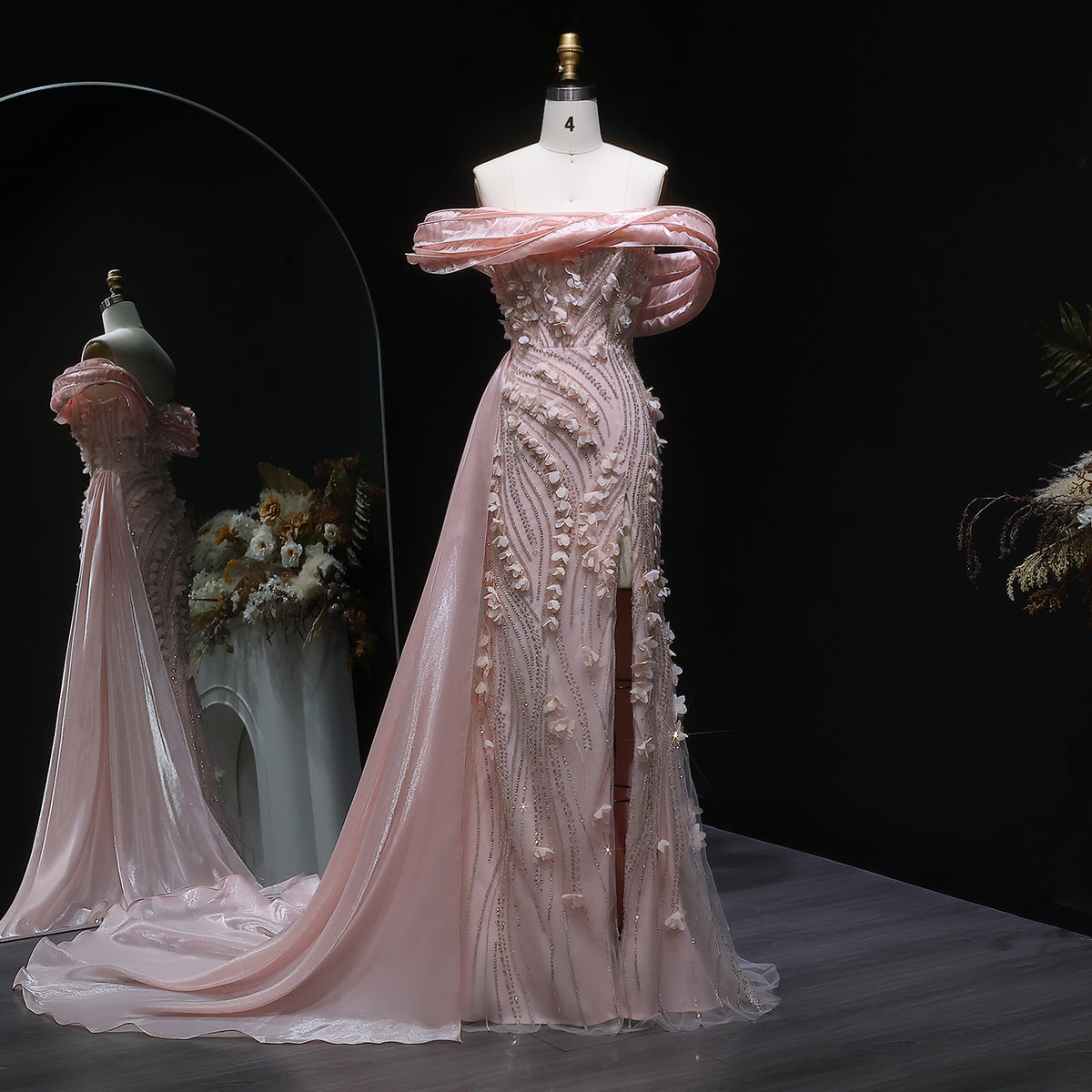 Glamorous Pink Sequin 3D Floral Off-the-Shoulder Evening Dress SS604 