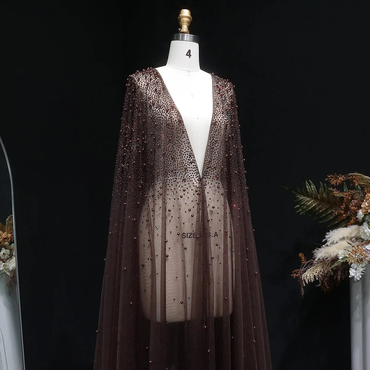 Elegant Black Beaded Long Cape Evening Dress SF082 