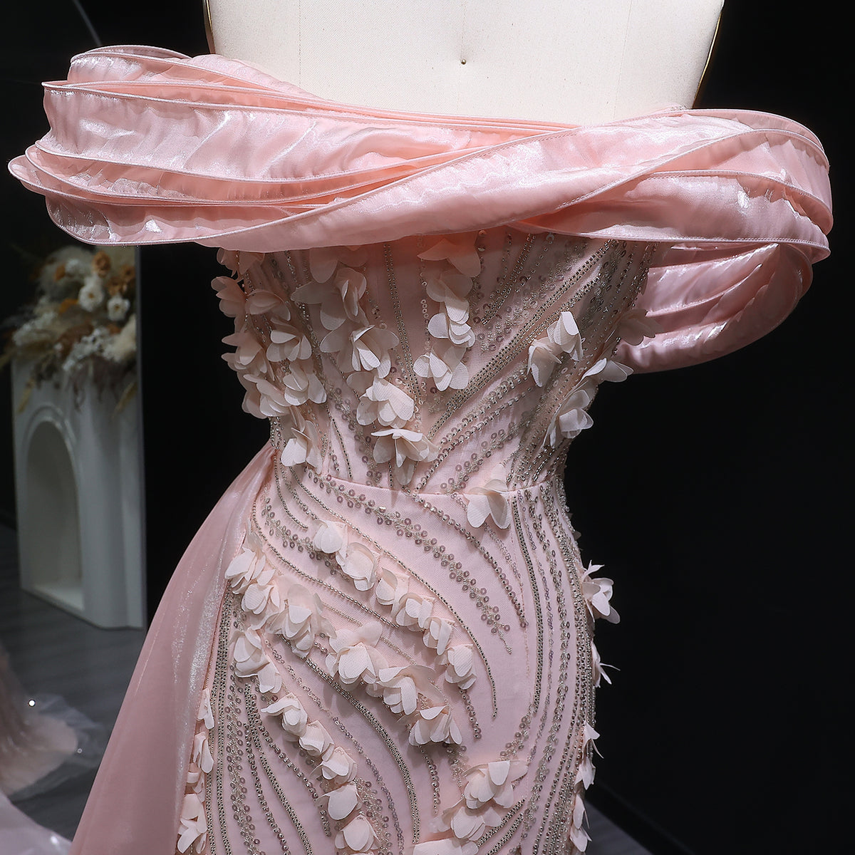 Glamorous Pink Sequin 3D Floral Off-the-Shoulder Evening Dress SS604 