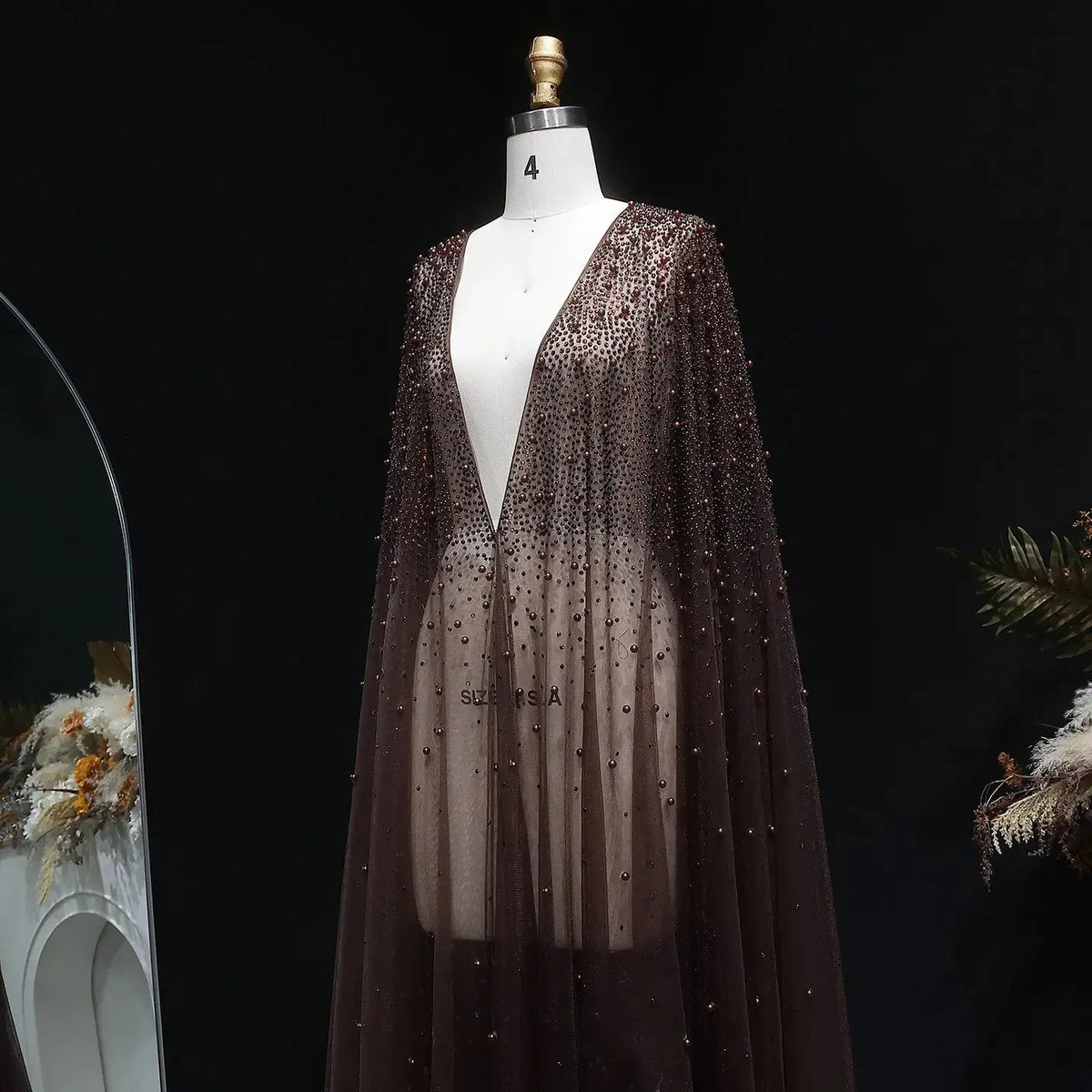Elegant Black Beaded Long Cape Evening Dress SF082 