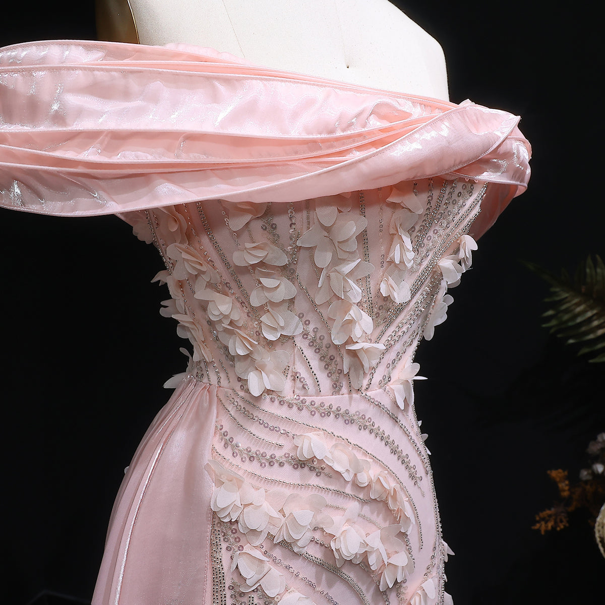 Glamorous Pink Sequin 3D Floral Off-the-Shoulder Evening Dress SS604 