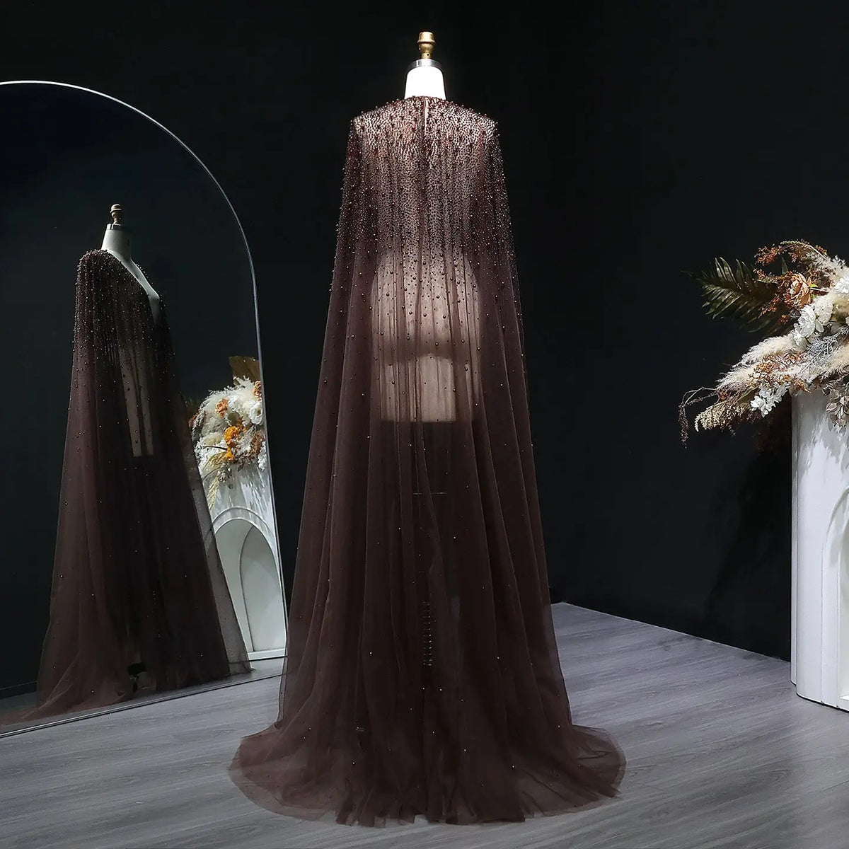 Elegant Black Beaded Long Cape Evening Dress SF082 