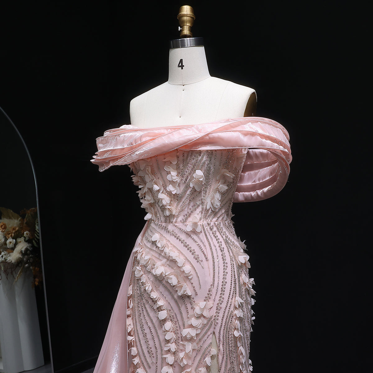 Glamorous Pink Sequin 3D Floral Off-the-Shoulder Evening Dress SS604 