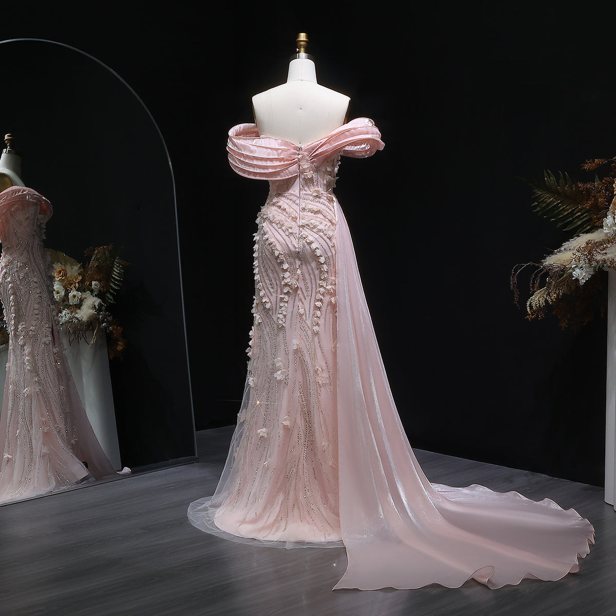 Glamorous Pink Sequin 3D Floral Off-the-Shoulder Evening Dress SS604 