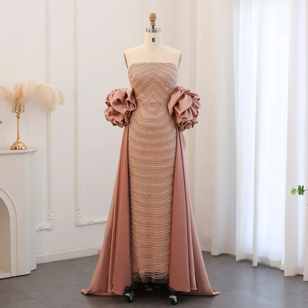 Luxury Beaded Dusty Pink Strapless Evening Dress with Cape SS492 