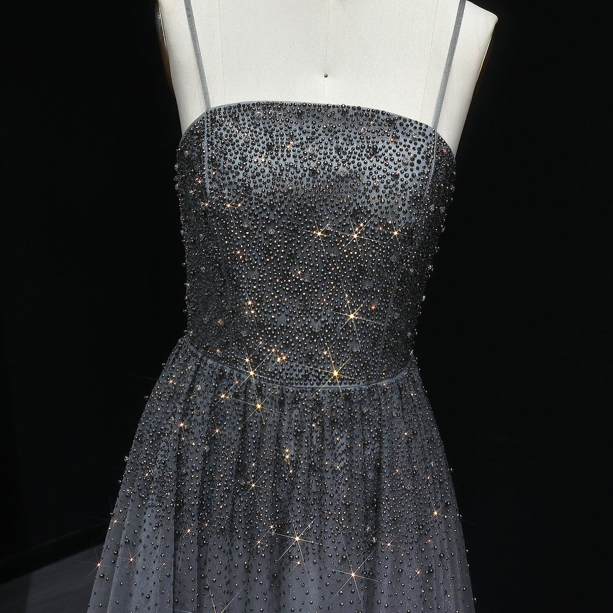 Dazzling Gray Crystal Spaghetti Evening Dress SS375 