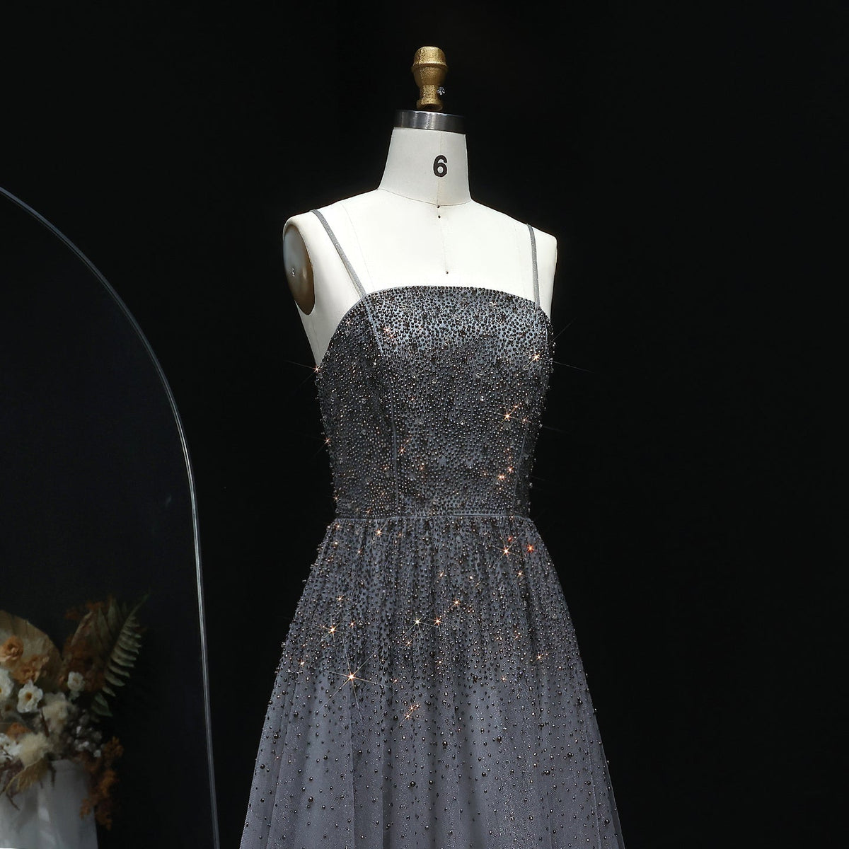 Dazzling Gray Crystal Spaghetti Evening Dress SS375 