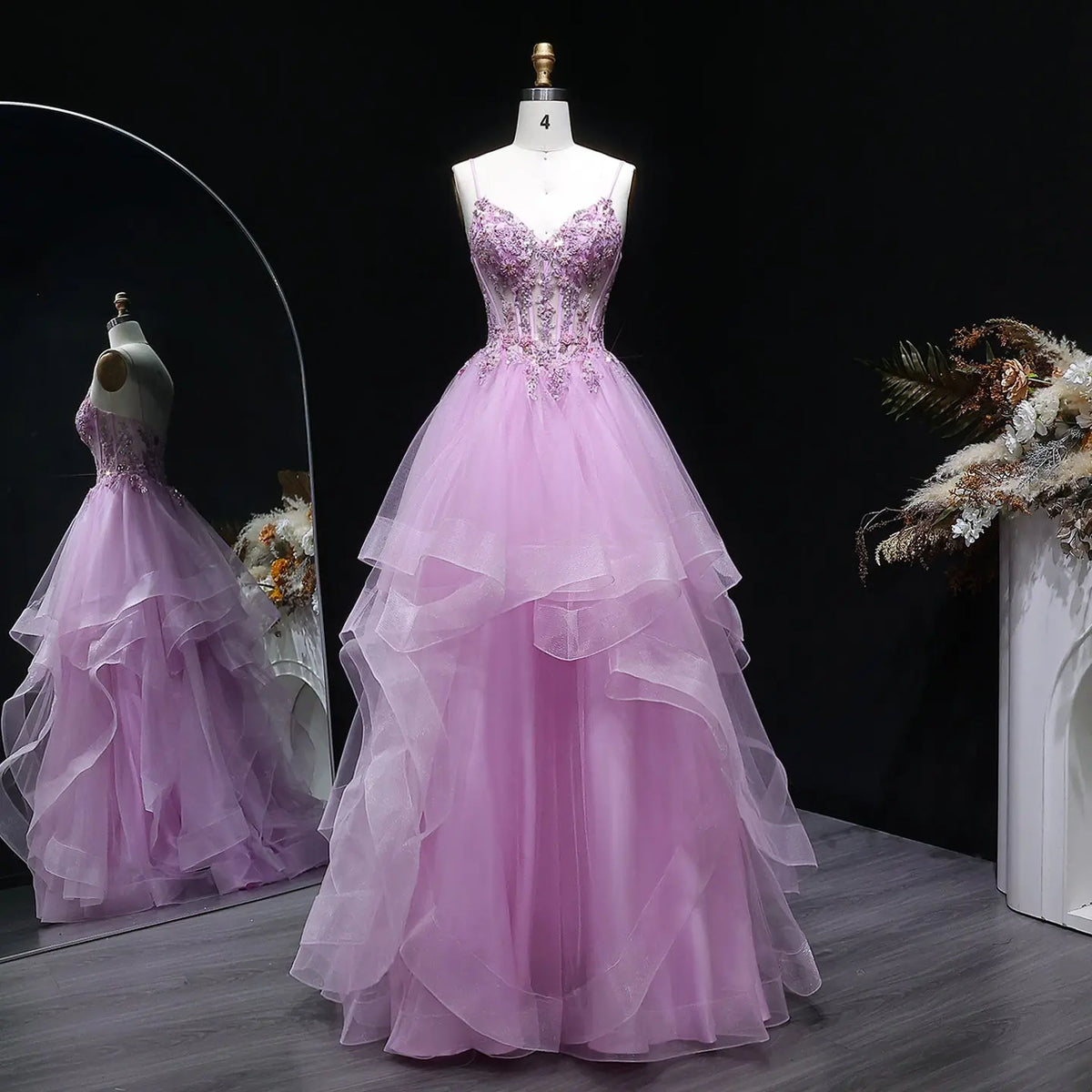 Luxury Pink Spaghetti Strap Beaded 3D Floral Tulle Prom Dress SH104 
