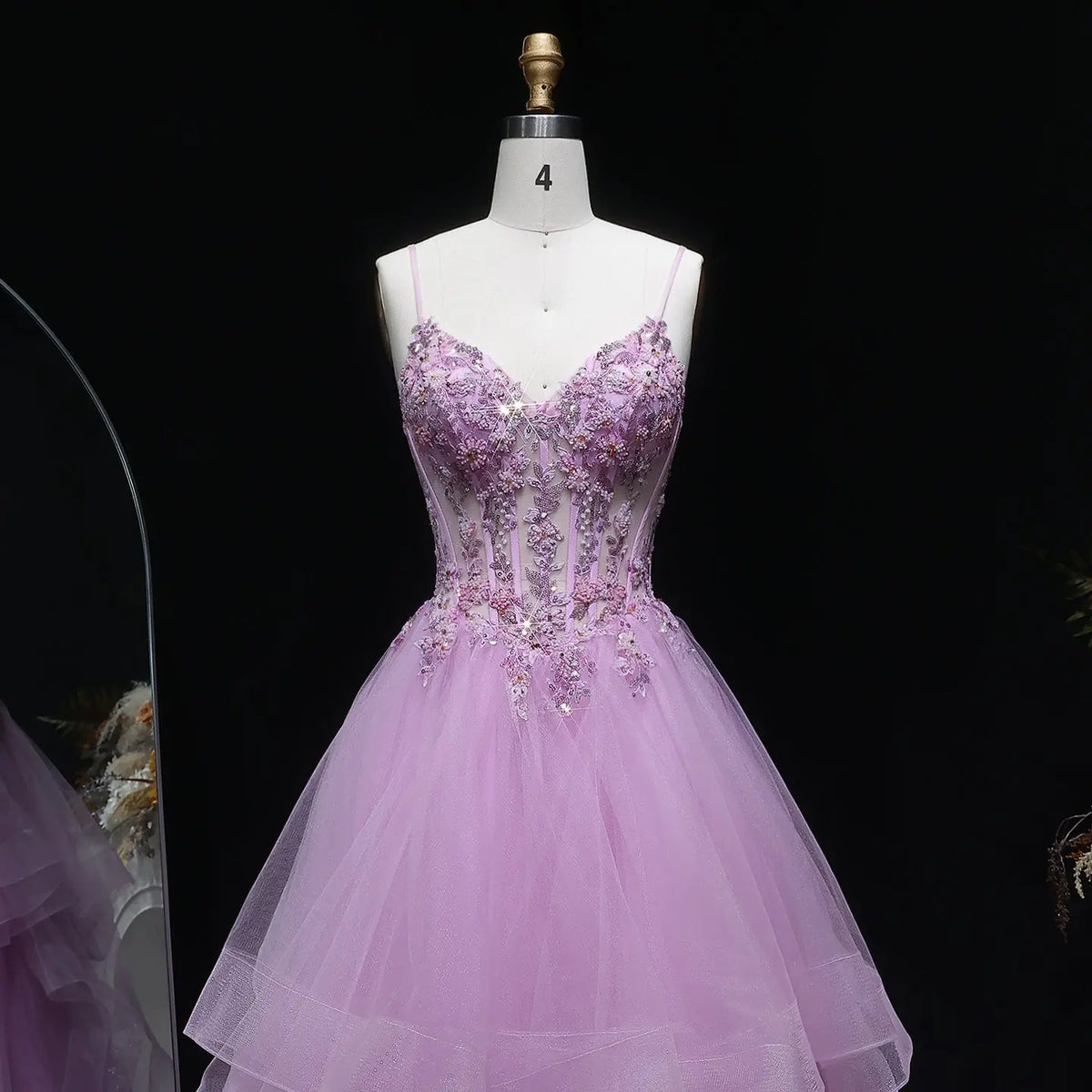 Luxury Pink Spaghetti Strap Beaded 3D Floral Tulle Prom Dress SH104 
