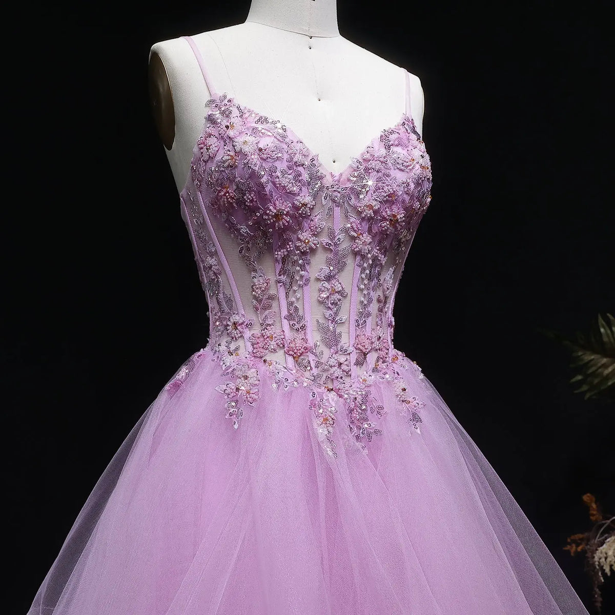 Luxury Pink Spaghetti Strap Beaded 3D Floral Tulle Prom Dress SH104 