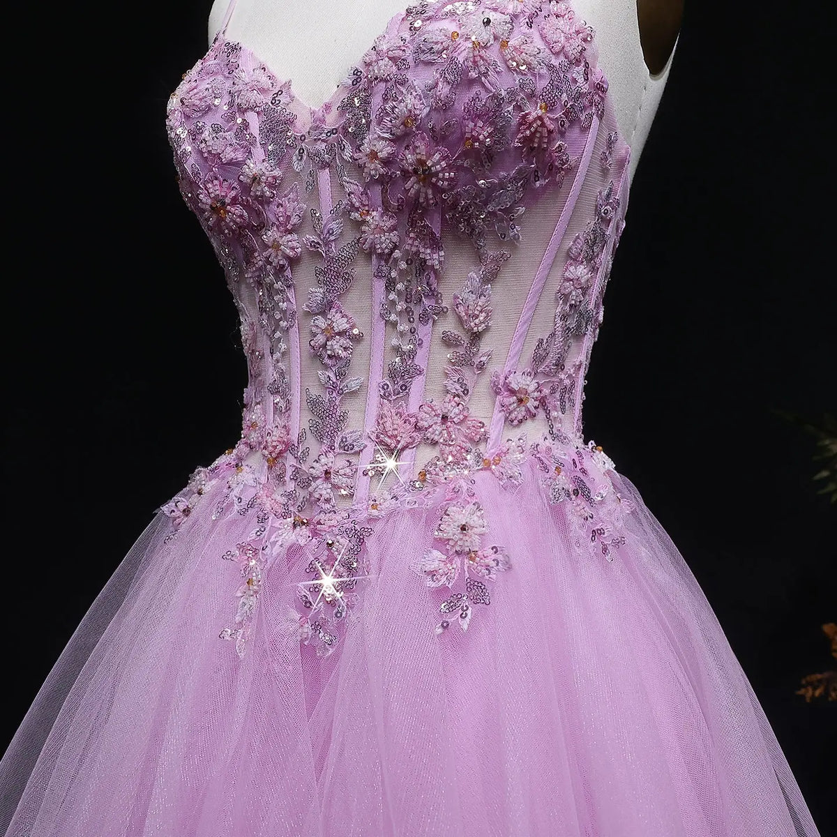 Luxury Pink Spaghetti Strap Beaded 3D Floral Tulle Prom Dress SH104 