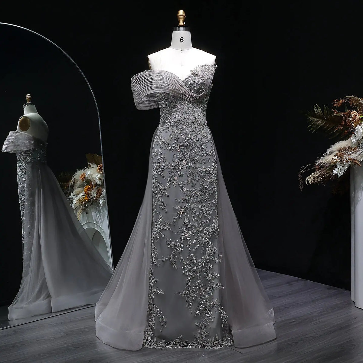 Luxury Gray Off-the-Shoulder Beaded Sheer Mermaid Evening Dress SS527 