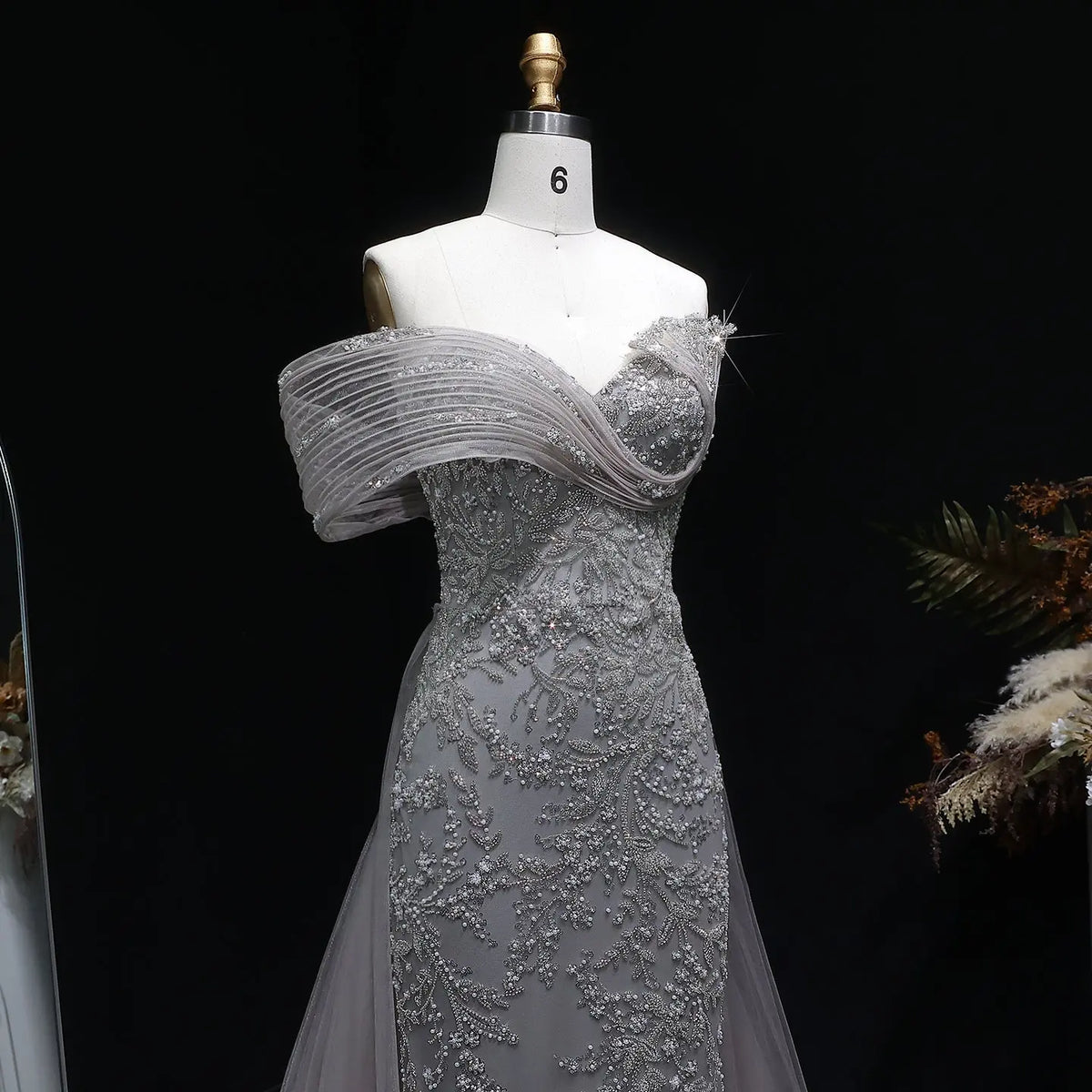 Luxury Gray Off-the-Shoulder Beaded Sheer Mermaid Evening Dress SS527 