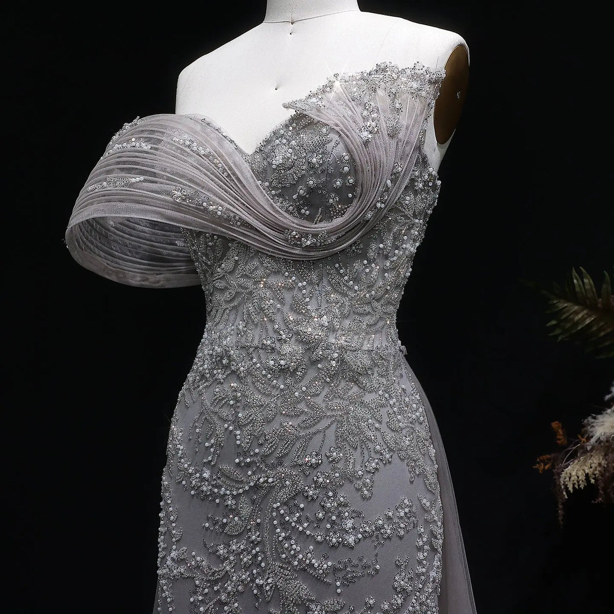 Luxury Gray Off-the-Shoulder Beaded Sheer Mermaid Evening Dress SS527 – SHARONSAID