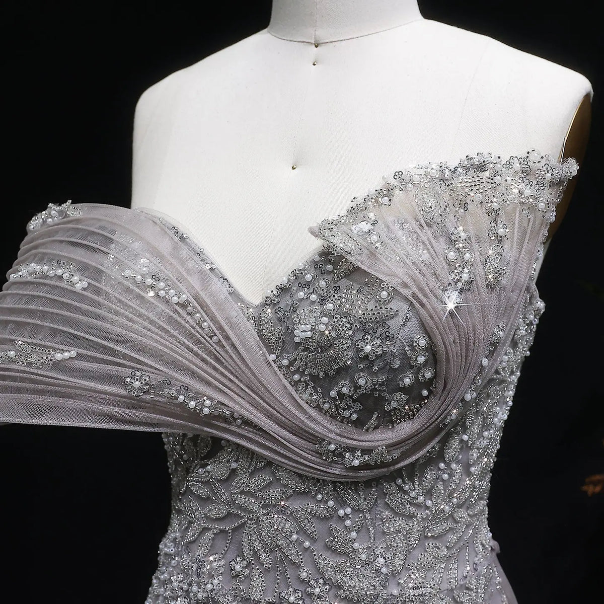 Luxury Gray Off-the-Shoulder Beaded Sheer Mermaid Evening Dress SS527 