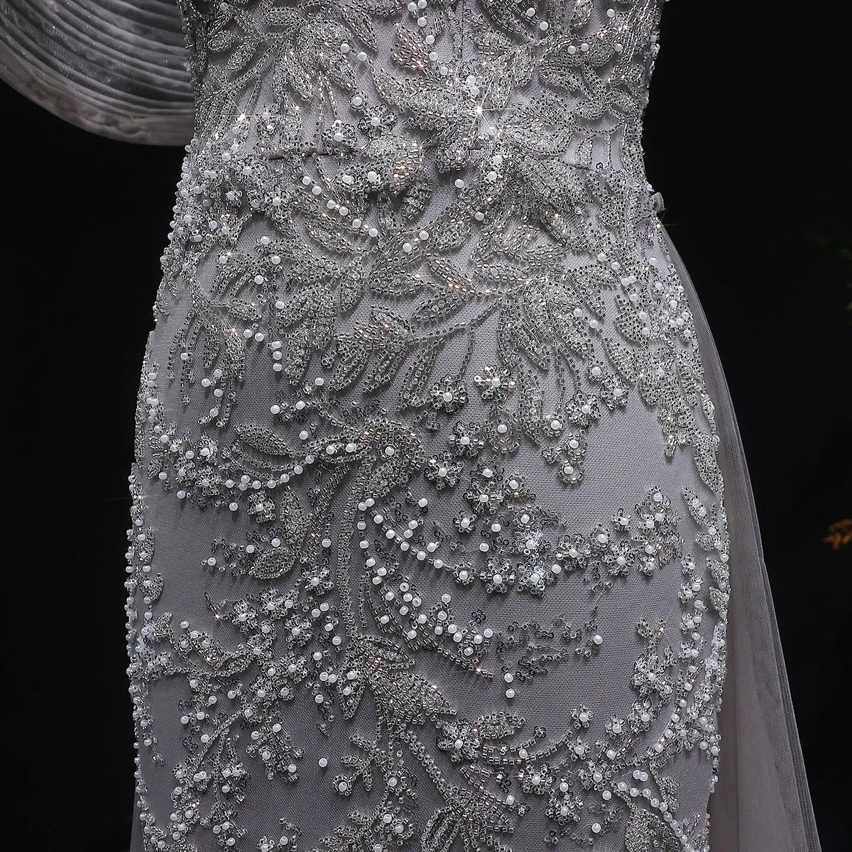 Luxury Gray Off-the-Shoulder Beaded Sheer Mermaid Evening Dress SS527 