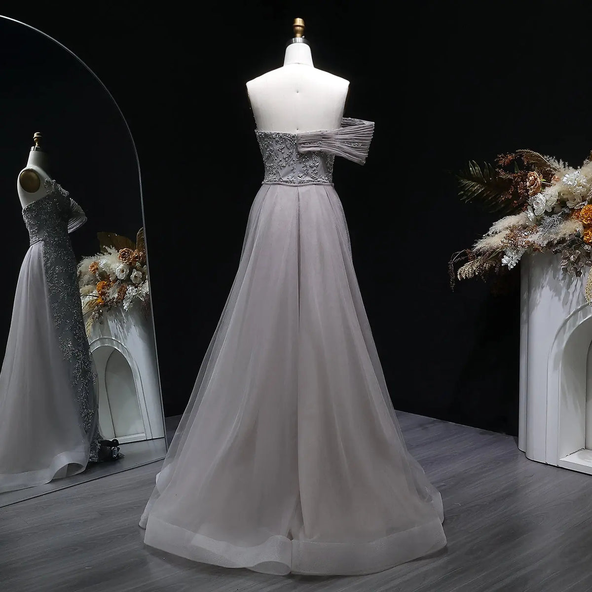 Luxury Gray Off-the-Shoulder Beaded Sheer Mermaid Evening Dress SS527 