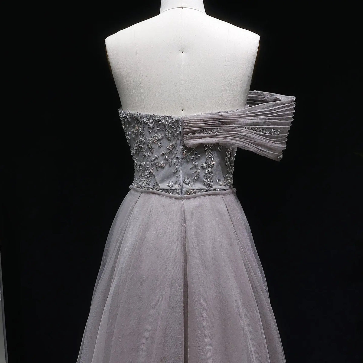 Luxury Gray Off-the-Shoulder Beaded Sheer Mermaid Evening Dress SS527 