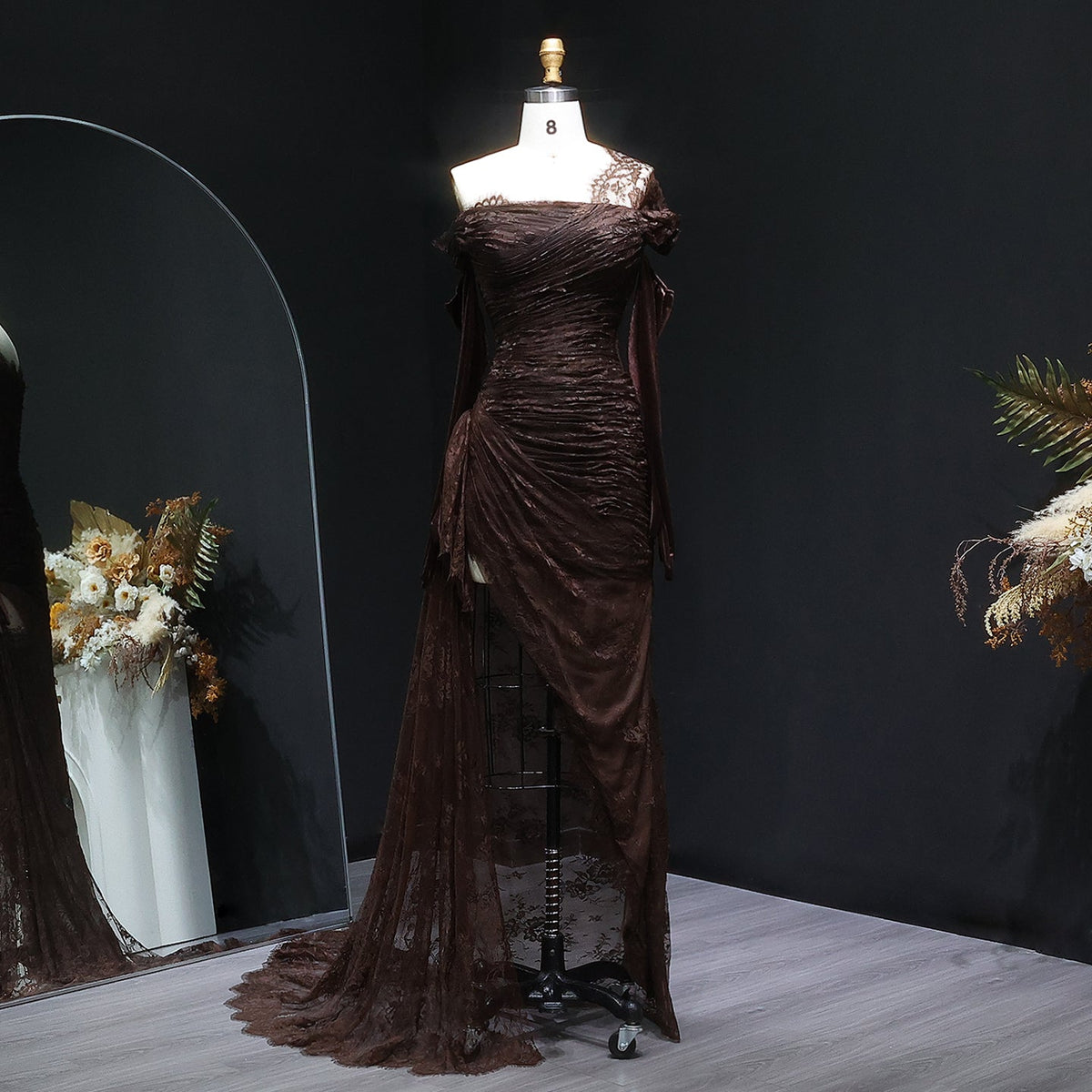 Elegant Lace Black Dress with Gloves SF017  Brown / US 20