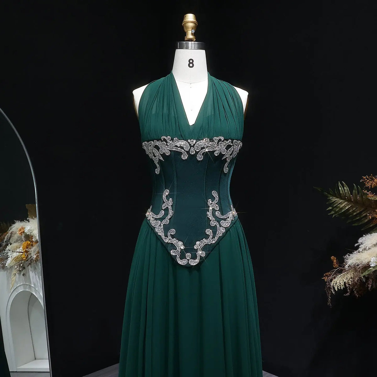 Luxury Emerald Green Halter Neck Beaded Embroidered Fitted Prom Dress SH137 