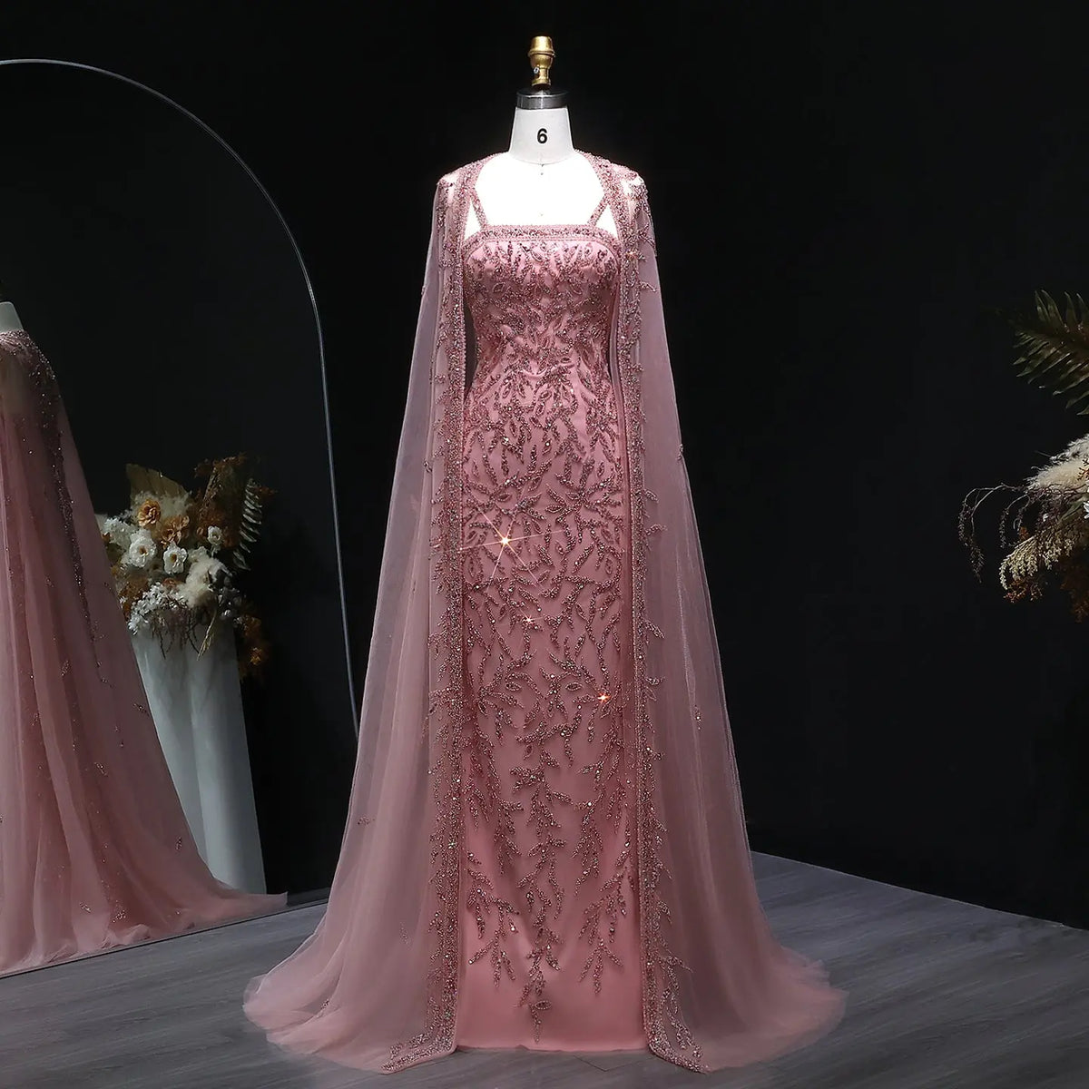 Elegant Pink Beaded Evening Gown with Sheer Cape SS393 